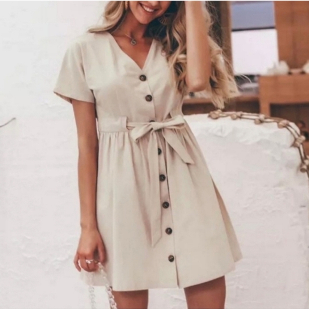 Simplee Beige Cotton Button Front Belted Dress